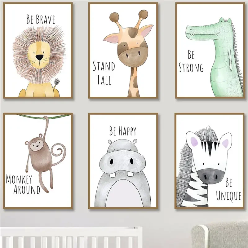 Baby Nursery Quotes - ศิลปะติดผนังห้องเด็ก โปสเตอร์การ์ตูนสัตว์น่ารักพร้อมคำคมสร้างแรงบันดาลใจ ยีราฟ สิงโต จงกล้าหาญ ภาพพิมพ์บนผ้าใบสำหรับเด็กทารกและเด็ก