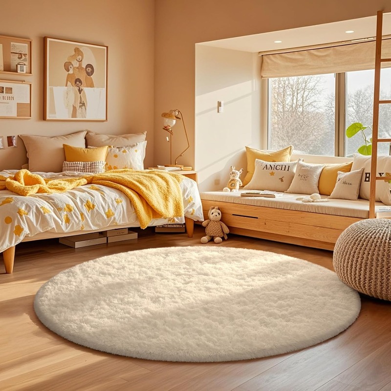 Baby Nursery Mat - พรมกลมสีครีมขาว นุ่มฟู ขนยาว สำหรับห้องนอน ห้องนั่งเล่น ห้องเด็ก