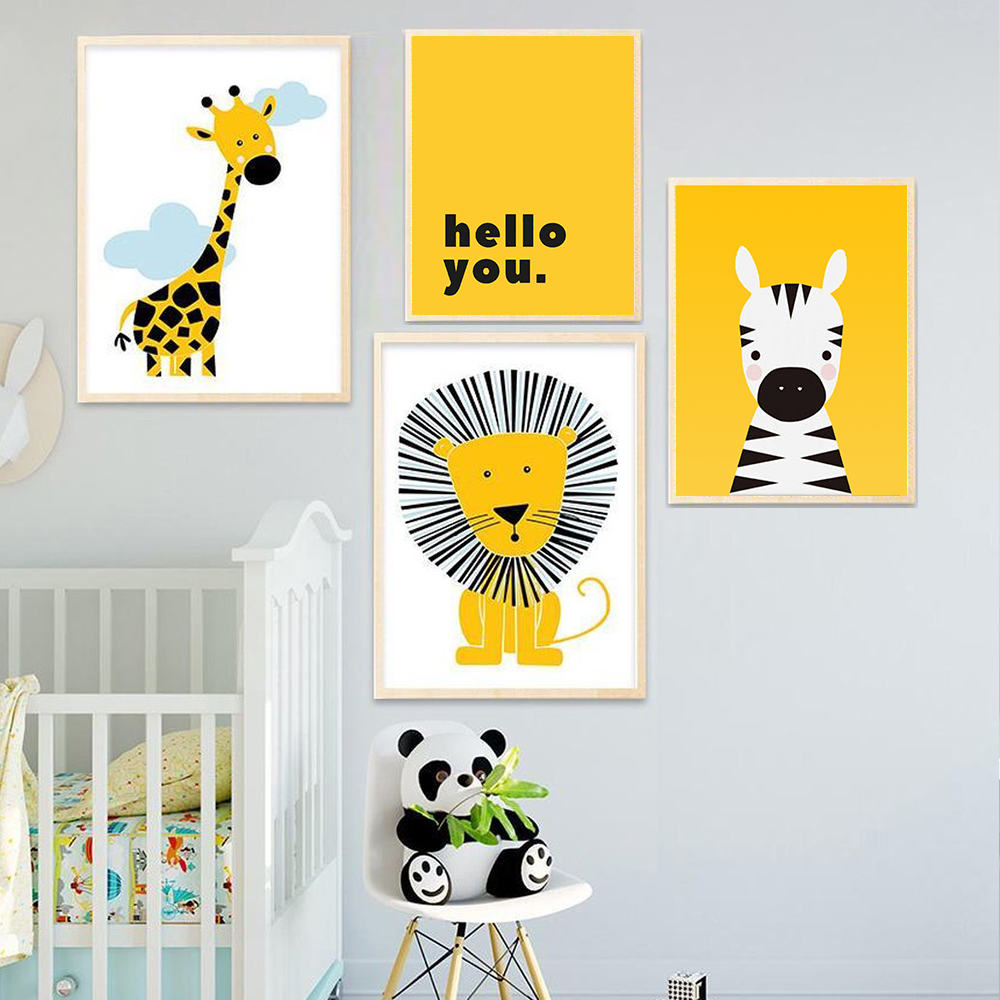 Baby Nursery Yellow Walls - การ์ตูนสัตว์โปสเตอร์สิงโตสีเหลืองยีราฟเนอสเซอรี่ภาพวาดผ้าใบภาพผนังศิลปะสำหรับตกแต่งห้องเด็กน่ารักตกแต่งห้อง