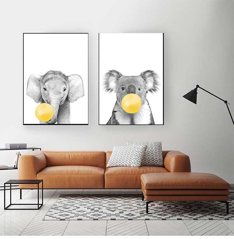 Baby Nursery Yellow Walls - ภาพพิมพ์โปสเตอร์ติดผนังลายสัตว์สีเหลืองสำหรับห้องเด็กอ่อน 1 ชิ้น แบบไม่มีกรอบ ลายม้าลาย โคอาลา