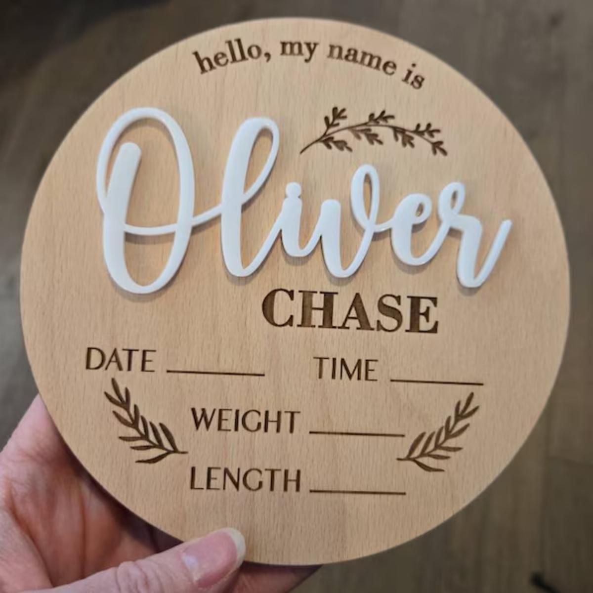 Baby Nursery Name Sign - ป้ายประกาศข่าวดีสำหรับเด็ก 1 ชิ้น ป้ายไม้สลักชื่อ ตกแต่งผนังบ้าน ห้องทำงาน