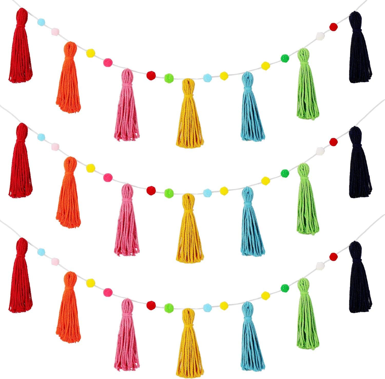 Baby Nursery Fabric - 3 ชิ้นสีสันสดใส Boho พู่ Garland Pom