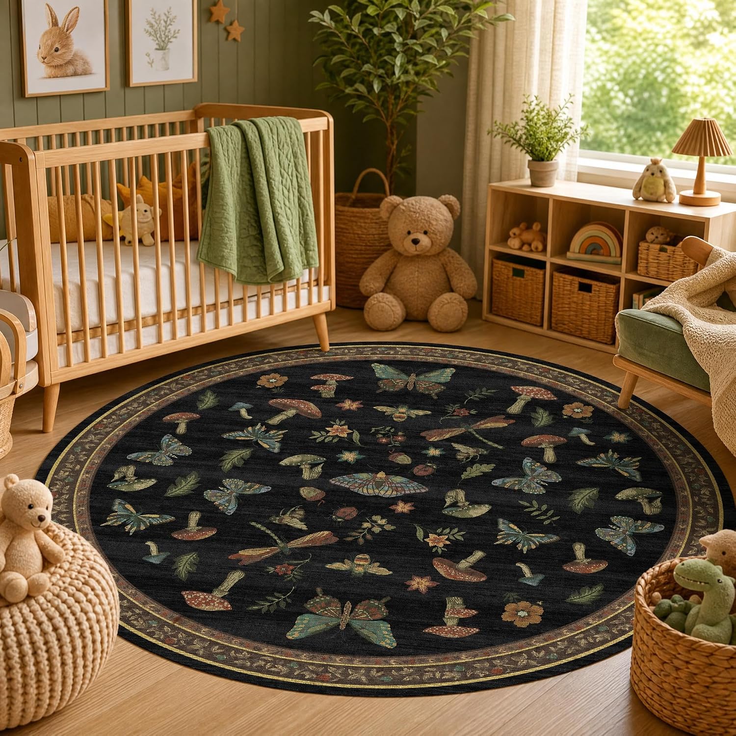 Baby Nursery Mat - พรมปูพื้นลายผีเสื้อและเห็ดทรงกลมขนาดใหญ่ ทำจากโพลีเอสเตอร์ สไตล์โบฮีเมียน เหมาะสำหรับตกแต่งห้องเด็กอ่อนและห้องเด็ก