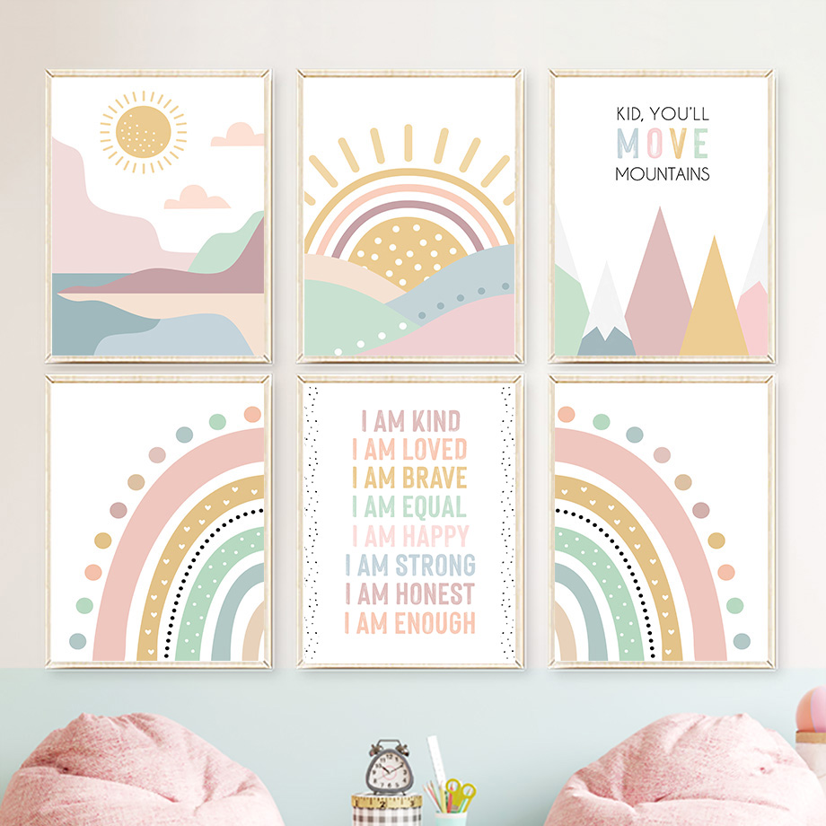 Baby Nursery Quotes - คำคมสายรุ้งพระอาทิตย์บนภูเขาสีชมพู โปสเตอร์สไตล์โบฮีเมียน ภาพวาดบนผืนผ้าใบสำหรับตกแต่งผนัง เหมาะสำหรับห้องเด็ก