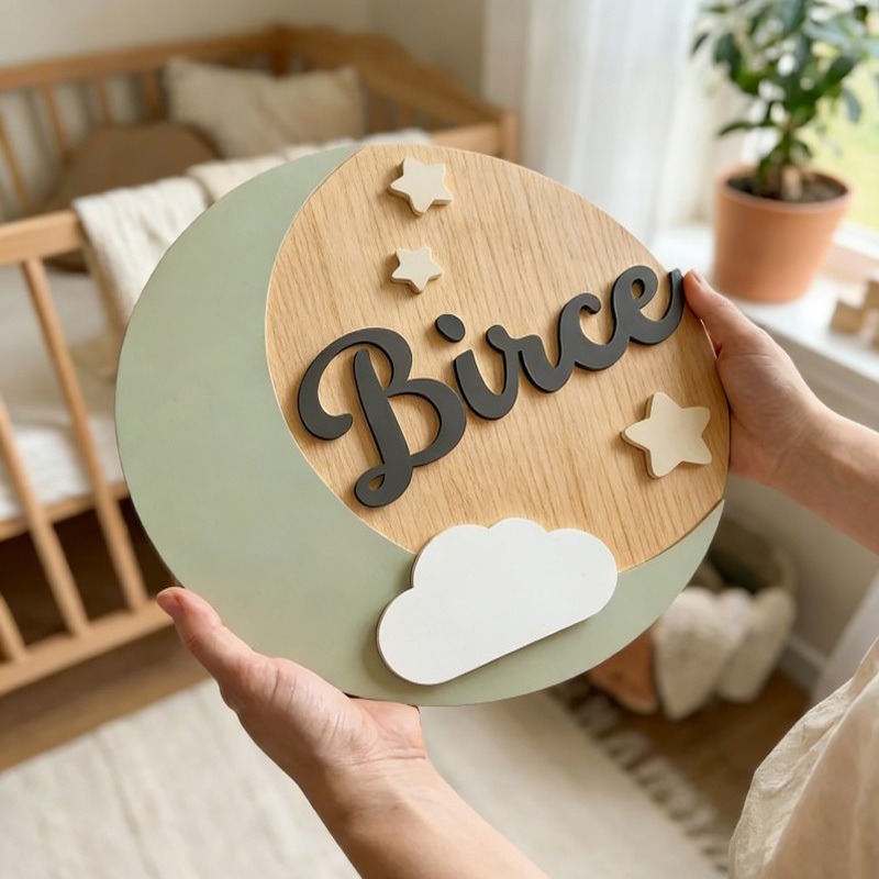 Baby Nursery Name Sign - ป้ายชื่อไม้แบบกำหนดเอง, ตกแต่งรูปเมฆและดาว 3 มิติ, ป้ายชื่อเด็กแบบปรับแต่งได้, ของตกแต่งห้องเด็ก,