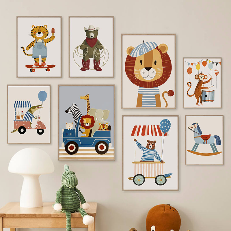 Baby Nursery Fabric - ภาพวาดการ์ตูนสัตว์ตลกๆ สำหรับตกแต่งผนังห้องเด็ก ภาพพิมพ์บนผ้าใบ ลายสิงโต หมี เสือ