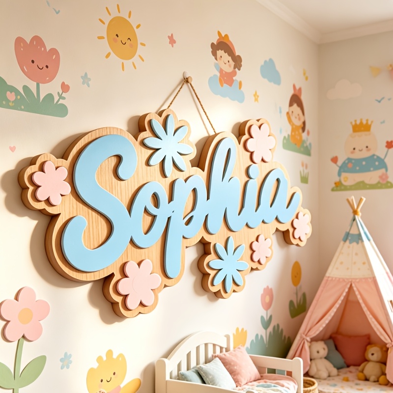 Baby Nursery Name Sign - ป้ายห้องพักธีมดอกไม้แบบส่วนตัว, ป้ายประตูดอกไม้สีพาสเทลปรับแต่งได้, ของตกแต่งห้องนอนเด็ก, ของขวัญแขวนแสนหวาน
