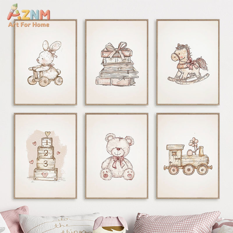 Baby Nursery Vintage - AZNM ของตกแต่งผนังผ้าแคนวาสลายหมีเท็ดดี้และกระต่ายสไตล์วินเทจ สำหรับตกแต่งห้องเด็กอ่อนโทนสีนุ่มนวล