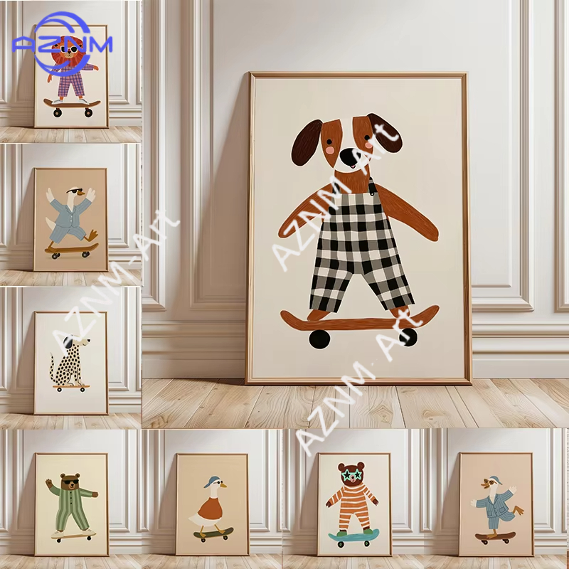 Baby Nursery Fabric - โปสเตอร์สัตว์ตลกเล่นสเก็ตบอร์ด 1 ชิ้น ภาพพิมพ์บนผ้าใบลายห่าน เป็ด สุนัข