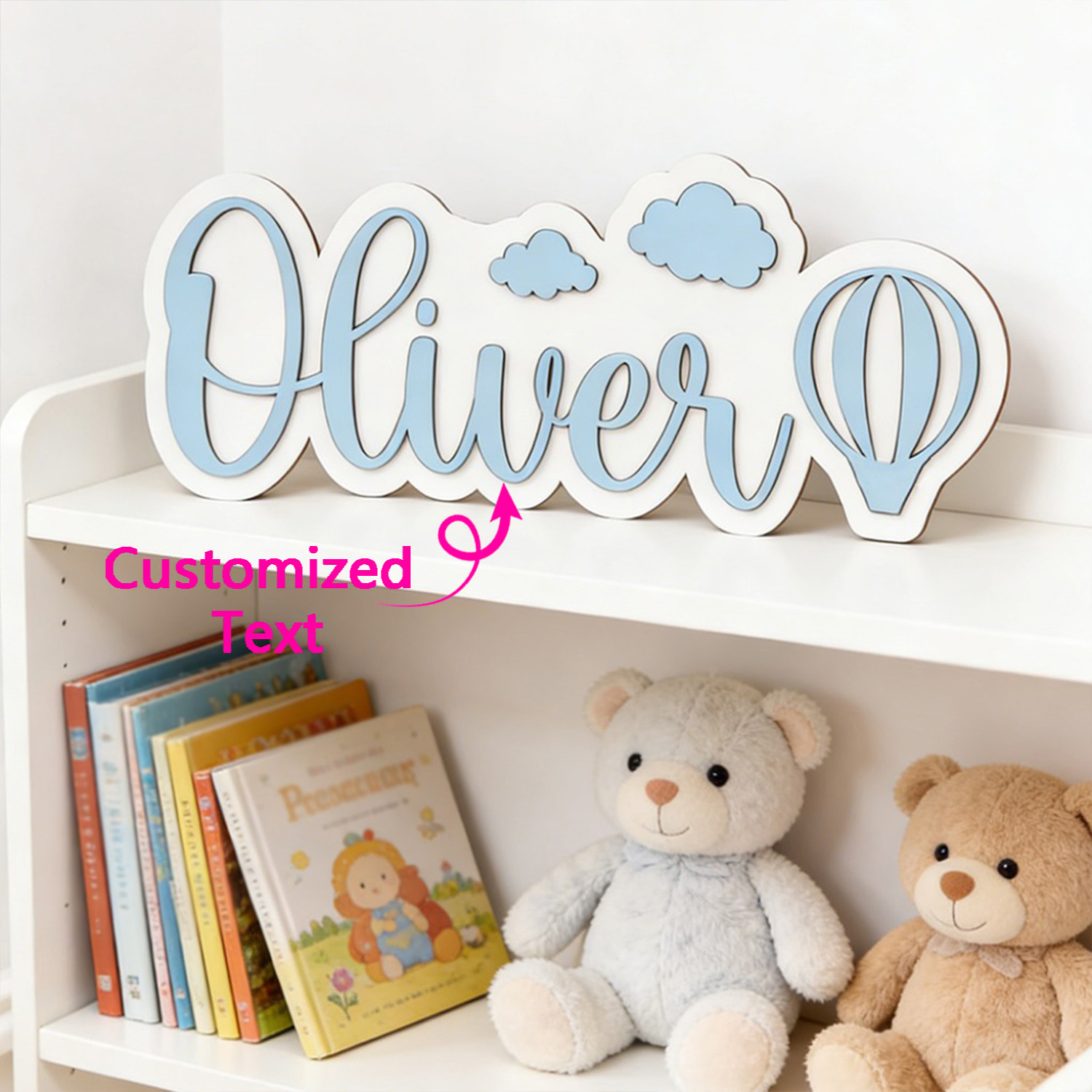 Baby Nursery Name Sign - ป้ายชื่อห้องรูปบอลลูนลมร้อนและเมฆแบบปรับแต่งได้, ป้ายไม้สีฟ้าพาสเทลที่สามารถปรับแต่งได้, ของตกแต่งห้องนอนเด็ก, ของขวัญแสนหวาน