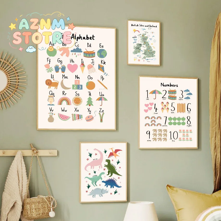 Baby Nursery Fabric - แผนที่โลกสัตว์ ไดโนเสาร์ ตัวอักษร ตัวเลข ภาพวาดบนผ้าใบ โปสเตอร์ตกแต่งผนังสำหรับห้องเด็กอ่อน