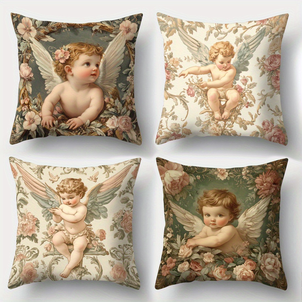 Baby Nursery Vintage - ปลอกหมอนลายดอกไม้พิมพ์ลายเทวดา ชุด 4 ชิ้น ตกแต่งห้องเด็กสไตล์วินเทจ ผ้าโพลีเอสเตอร์