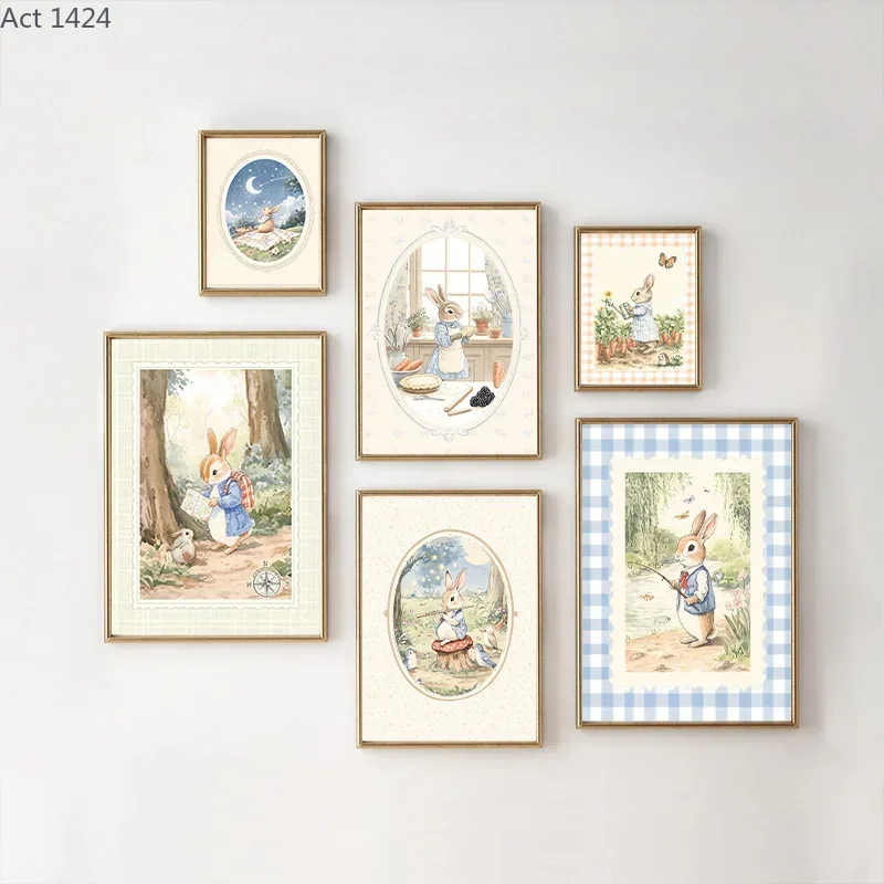 Baby Nursery Vintage - โปสเตอร์ศิลปะลายกระต่ายสีน้ำเงินสไตล์วินเทจโบโฮ สำหรับตกแต่งห้องเด็ก ห้องนอน หรือห้องเนอสเซอรี่ ภาพวาดบนผ้าแคนวาสลายสัตว์ในทุ่ง