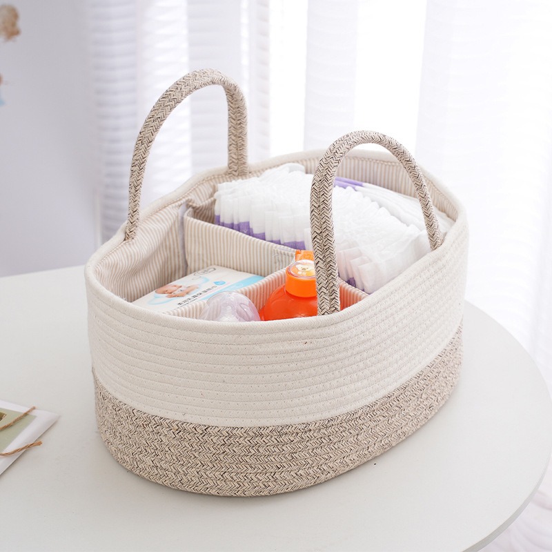 Storage Basket Fabric - ตะกร้าเก็บของอเนกประสงค์แบบพับได้ ทำจากเชือกฝ้าย สำหรับใส่ผ้าอ้อมเด็ก กระเป๋าแม่แบบพกพา ใส่ขวดนม ของเล่นเด็ก